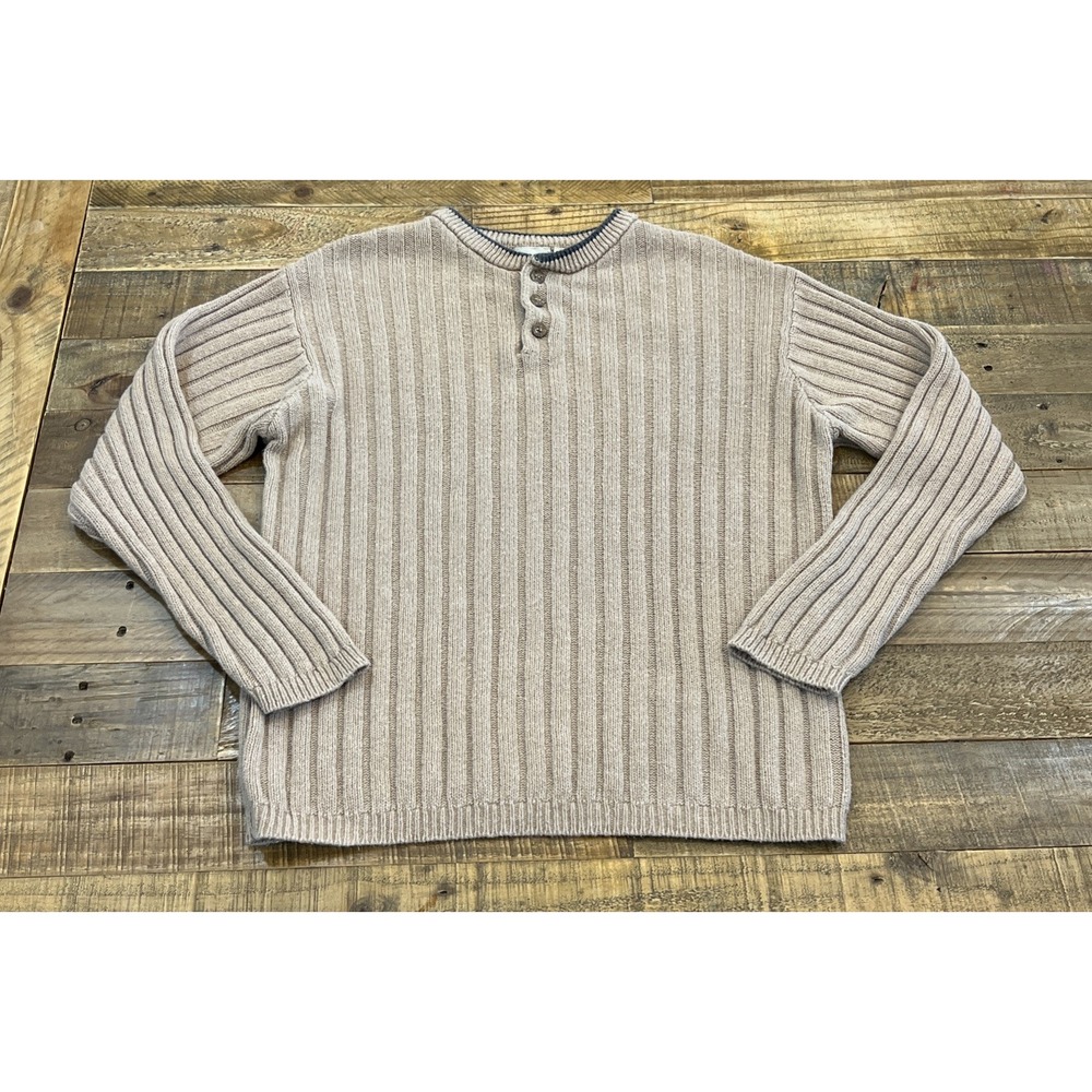 VTG Fieldmaster L Henley Knit Sweater Beige Ramie Cotton 90s Cabin Outdoors